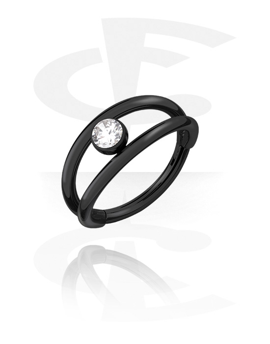 Piercing Rings, Piercing clicker (stainless steel, black, shiny finish) with crystal stone, Stainless Steel 316L