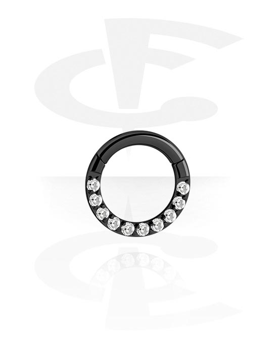 Renkaat, Multi-purpose clicker (surgical steel, black, shiny finish) kanssa crystal stones, Kirurginteräs 316L