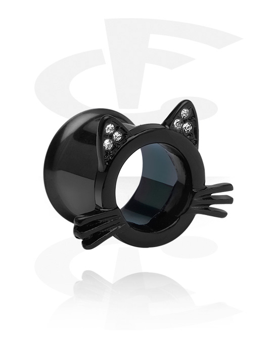 Tunnelit & plugit, Double flared tunnel (surgical steel, black) kanssa cat design ja crystal stones, Kirurginteräs 316L