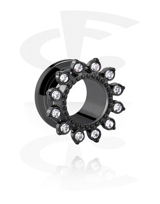 Tunnels & Plugs, Screw-on tunnel (surgical steel, black, shiny finish) with flower design and crystal stones, Surgical Steel 316L