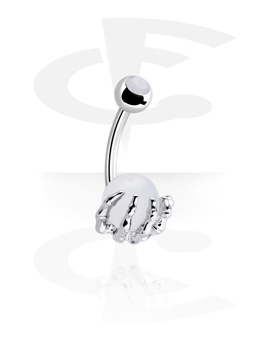 Curved Barbells, Belly button ring (surgical steel, silver, shiny finish) met skeleton hand design, Chirurgisch staal 316L, Belegde messing