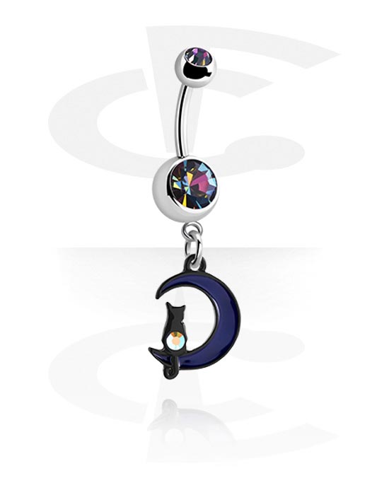 Curved Barbells, Belly button ring (surgical steel, silver, shiny finish) with half moon charm and crystal stones, Surgical Steel 316L