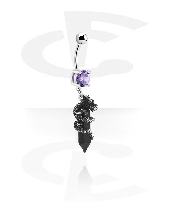 Curved Barbells, Belly button ring (surgical steel, silver, shiny finish) with dragon design and crystal stone, Surgical Steel 316L