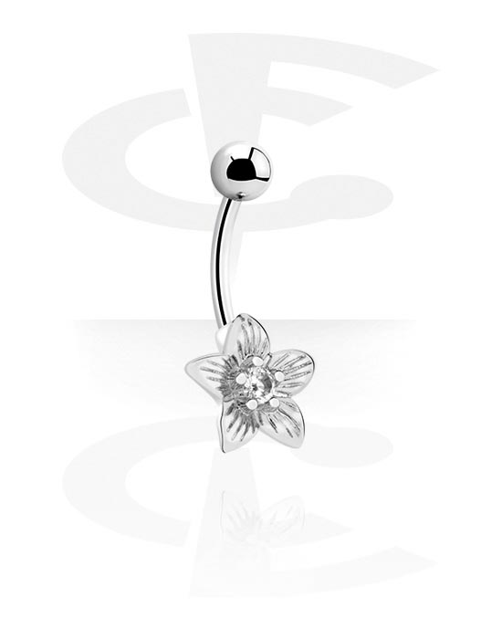 Curved Barbells, Belly button ring (surgical steel, silver, shiny finish) with flower design and crystal stones, Surgical Steel 316L, Plated Brass