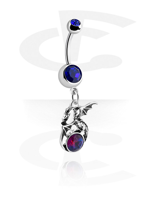Curved Barbells, Belly button ring (surgical steel, silver, shiny finish) met dragon charm en kristalsteentjes, Chirurgisch staal 316L ,  Belegde messing