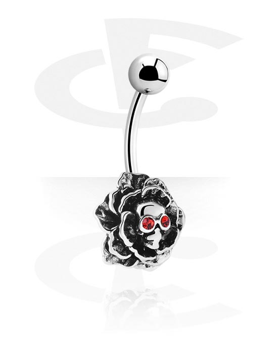 Curved Barbells, Belly button ring (surgical steel, silver, shiny finish) with rose design and crystal stones, Surgical Steel 316L, Plated Brass