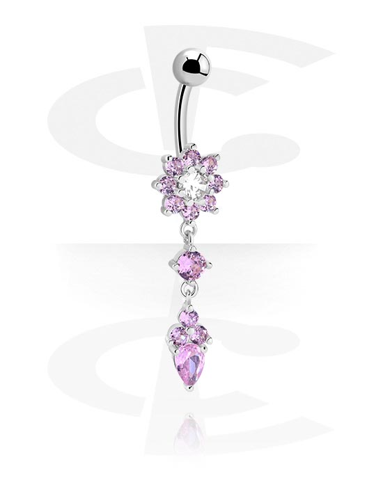 Curved Barbells, Belly button ring (surgical steel, silver, shiny finish) with flower attachment and crystal stones, Surgical Steel 316L