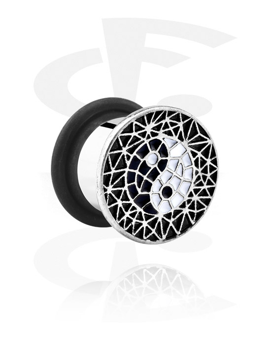 Tunnels & Plugs, Single flared tunnel (surgical steel, silver, shiny finish) with Yin-Yang design and O-ring, Surgical Steel 316L