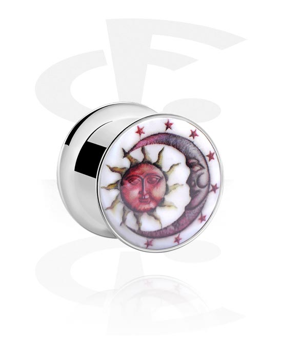 Tunnels & Plugs, Double flared tunnel (surgical steel, silver) avec sun and moon design, Acier chirurgical 316L
