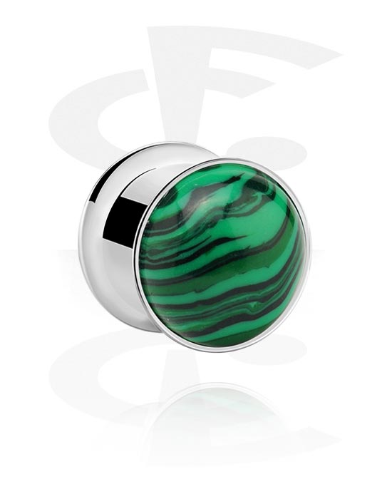 Tunnels & Plugs, Double flared plug (surgical steel, silver, shiny finish) avec green and black design, Acier chirurgical 316L