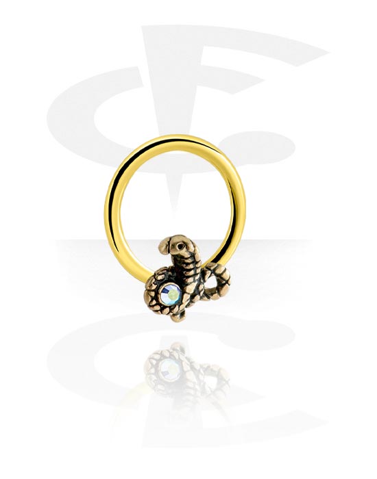 Piercing Rings, Ball closure ring (surgical steel, silver, shiny finish) with snake design and crystal stone, Surgical Steel 316L, Gold Plated Brass