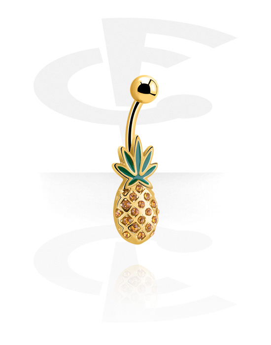 Curved Barbells, Belly button ring (surgical steel, gold, shiny finish) with pineapple design, Gold Plated Surgical Steel 316L