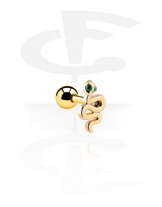 Helix & Tragus, Tragus Piercing with snake design, Gold Plated Surgical Steel 316L, Gold Plated Brass