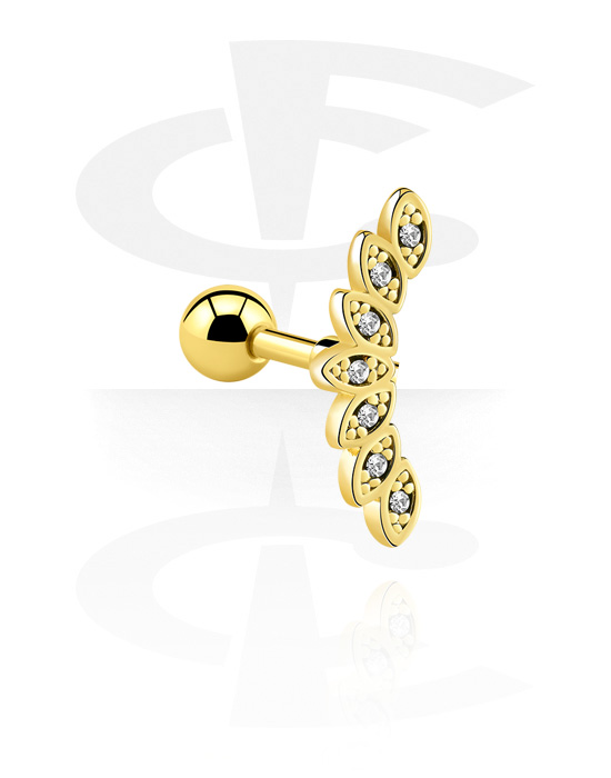 Helix / Tragus, Tragus Piercing with crystal stones, Gold Plated Surgical Steel 316L ,  Gold Plated Brass
