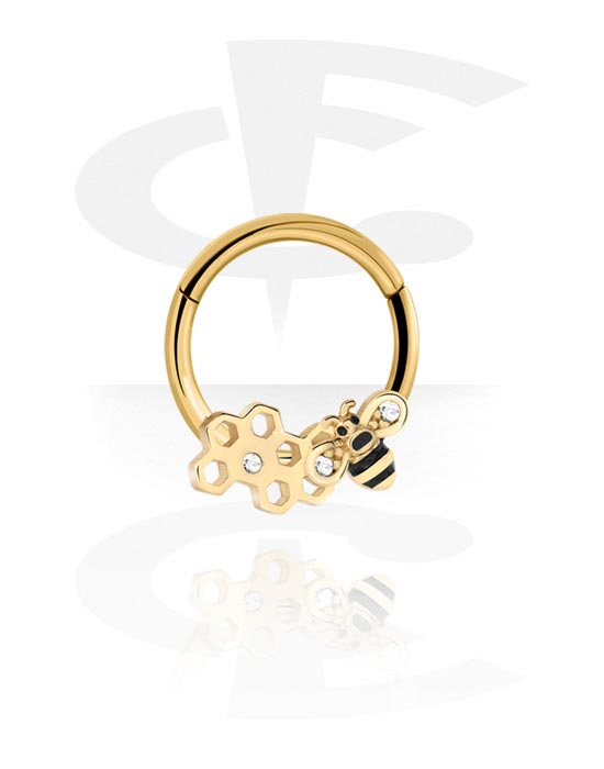 Piercing Rings, Piercing clicker (surgical steel, gold, shiny finish) with bee design, Gold Plated Surgical Steel 316L ,  Gold Plated Brass