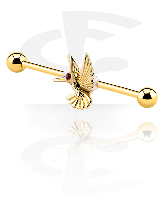 Barbells, Industrial Barbell with bird design, Gold Plated Surgical Steel 316L, Gold Plated Brass