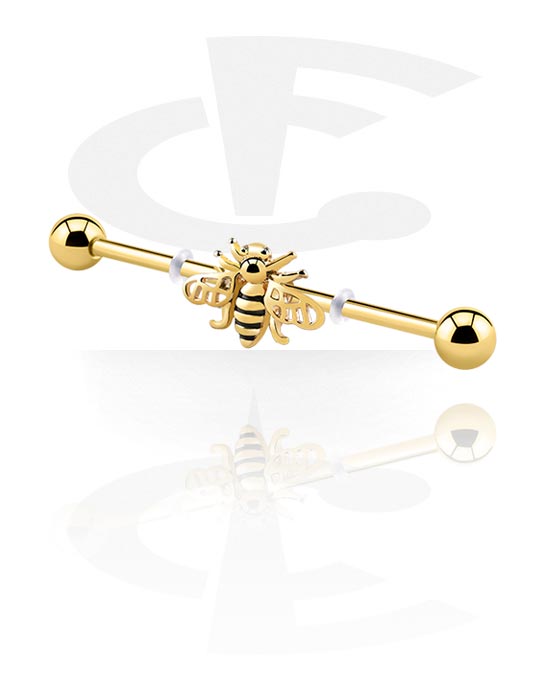 Barbells, Industrial Barbell with bee design, Gold Plated Surgical Steel 316L, Gold Plated Brass
