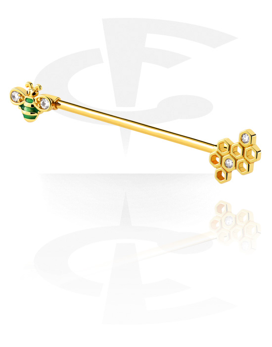 Barbells, Industrial Barbell with bee design, Gold Plated Surgical Steel 316L ,  Gold Plated Brass