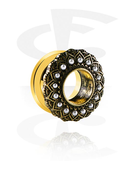 Tunnels & Plugs, Screw-on tunnel (surgical steel, gold, shiny finish) with vintage design, Gold Plated Surgical Steel 316L