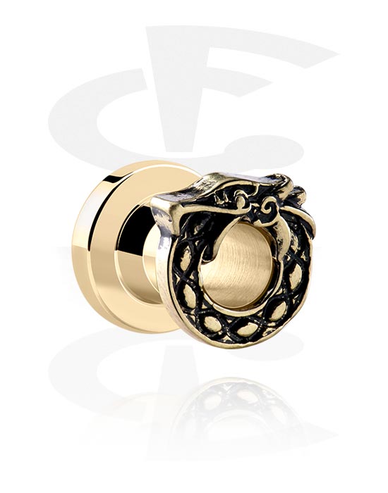 Tunneler & plugger, Screw-on tunnel (surgical steel, gold, shiny finish) med Dragon Design, Gold Plated Surgical Steel 316L