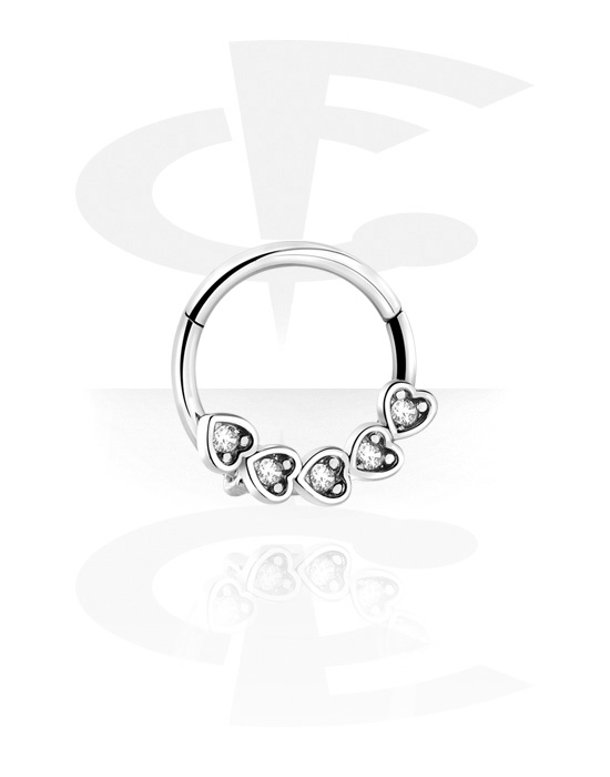 Piercing Rings, Piercing clicker (surgical steel, silver, shiny finish) with heart design and crystal stones, Surgical Steel 316L ,  Plated Brass