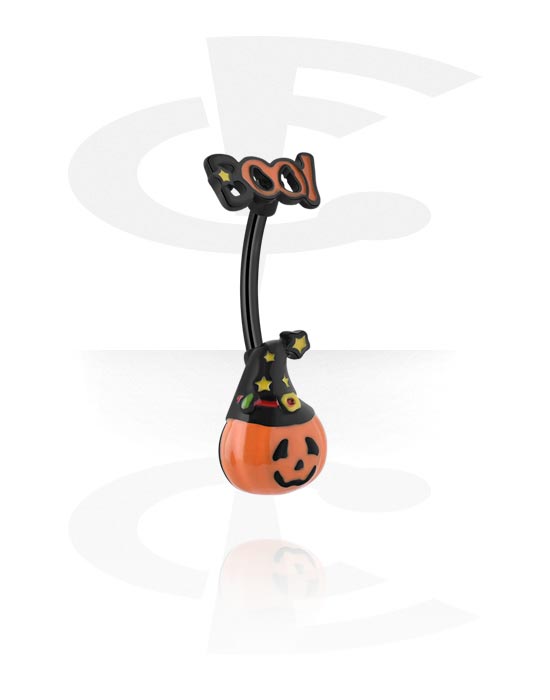 Curved Barbells, Banana (surgical steel, black, shiny finish) with Halloween design "pumpkin", Surgical Steel 316L, Plated Brass