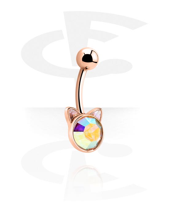 Curved Barbells, Belly button ring (surgical steel, rose gold, shiny finish) with cat design and crystal stone, Rose Gold Plated Surgical Steel 316L ,  Rose Gold Plated Brass