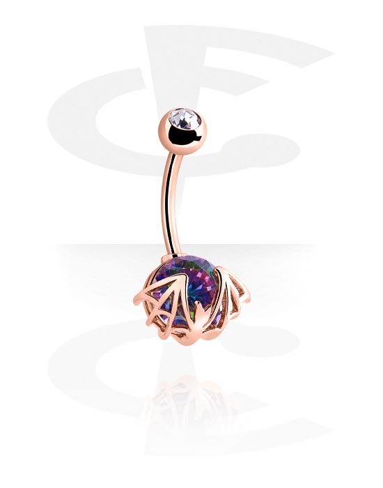 Curved Barbells, Belly button ring (surgical steel, silver, shiny finish) with bat design and crystal stones, Rose Gold Plated Surgical Steel 316L