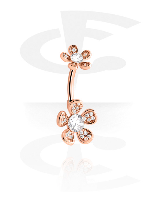Curved Barbells, Belly button ring (surgical steel, rose gold, shiny finish) with flower design and crystal stones, Rose Gold Plated Surgical Steel 316L