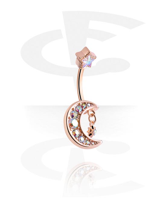 Curved Barbells, Belly button ring (surgical steel, rose gold, shiny finish) with half moon charm and crystal stones, Rose Gold Plated Surgical Steel 316L, Rose Gold Plated Brass