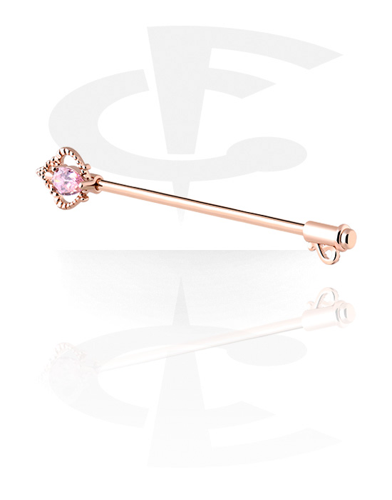 Barbells, Industrial Barbell with crystal stone, Rose Gold Plated Surgical Steel 316L, Rose Gold Plated Brass