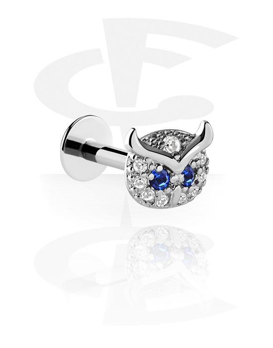 Labrets, Labret with owl design and crystal stones, Surgical Steel 316L ,  Plated Brass