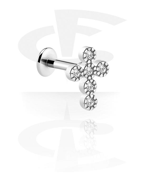 Labrets, Labret with cross design and crystal stones, Surgical Steel 316L ,  Plated Brass