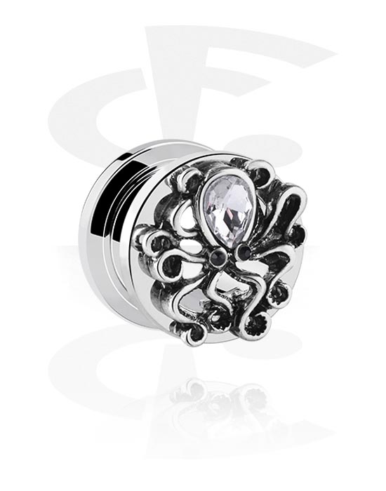 Tunnels & Plugs, Screw-on tunnel (surgical steel, silver, shiny finish) with octopus design and crystal stones, Surgical Steel 316L