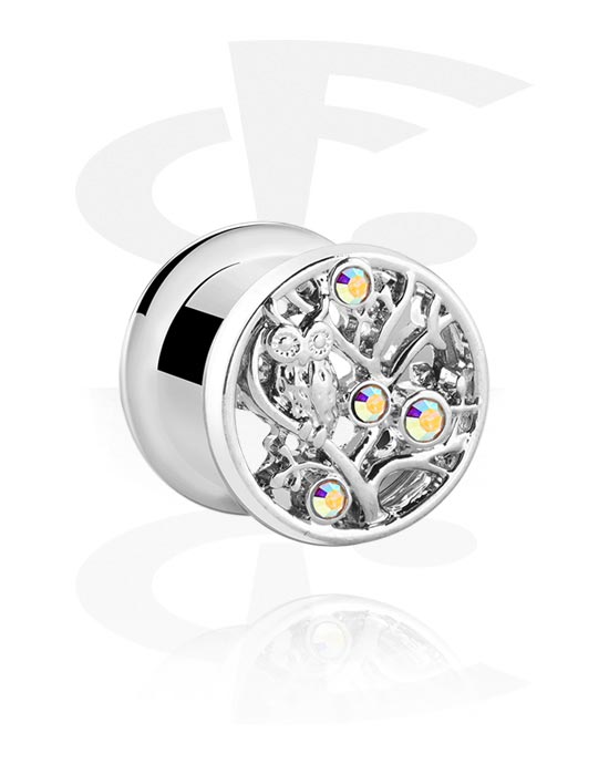 Tunnels & Plugs, Double flared tunnel (surgical steel, silver, shiny finish) with owl design and crystal stones, Surgical Steel 316L