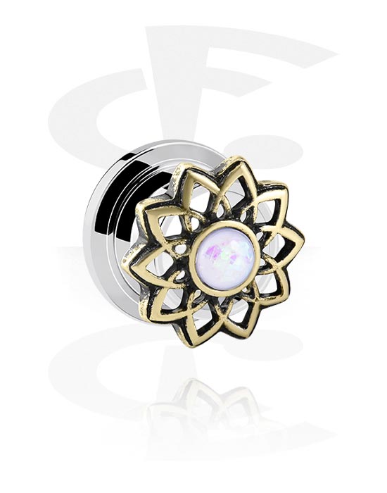 Tunnels & Plugs, Screw-on tunnel (surgical steel, silver, shiny finish) with flower attachment and crystal stone, Surgical Steel 316L