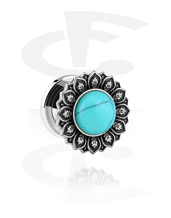 Tunely & plugy, Screw-on tunnel (surgical steel, silver) s Motív vintage kvetina a turquoise stone, Chirurgická oceľ 316L