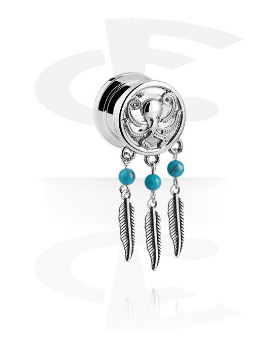 Tunnels & Plugs, Screw-on tunnel (surgical steel, silver, shiny finish) with octopus design and feather charm, Surgical Steel 316L