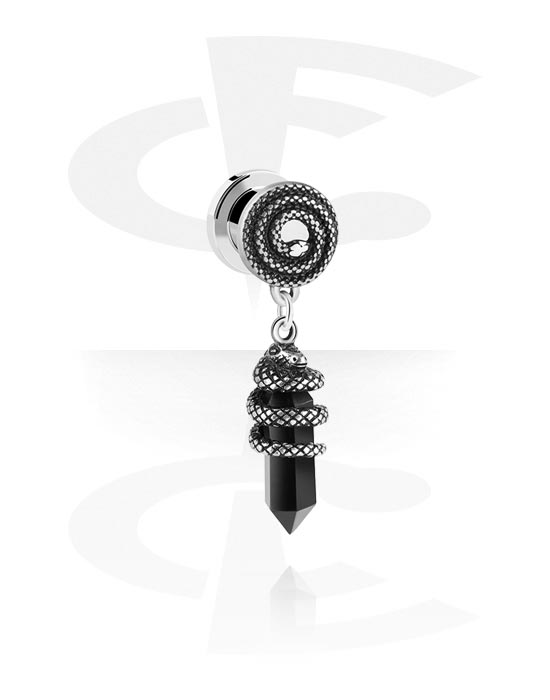 Tunnels & Plugs, Screw-on tunnel (surgical steel, silver, shiny finish) with snake design and pendant, Surgical Steel 316L