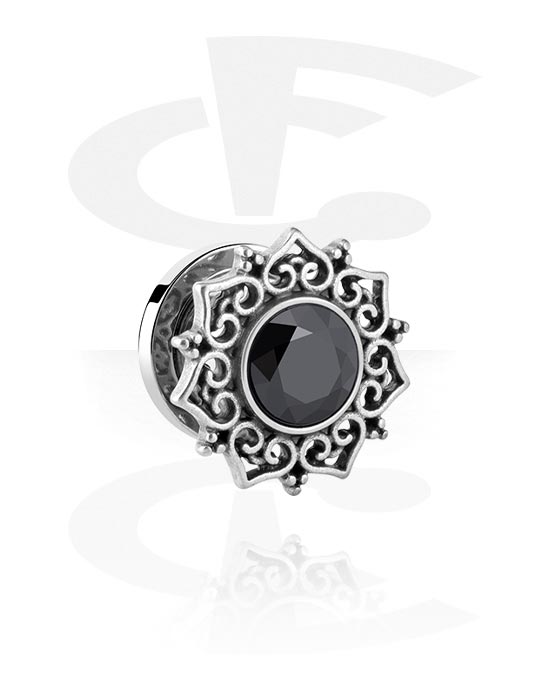 Tunele & plugi, Screw-on tunnel (surgical steel, silver) z ornament i crystal stone, Stal chirurgiczna 316L