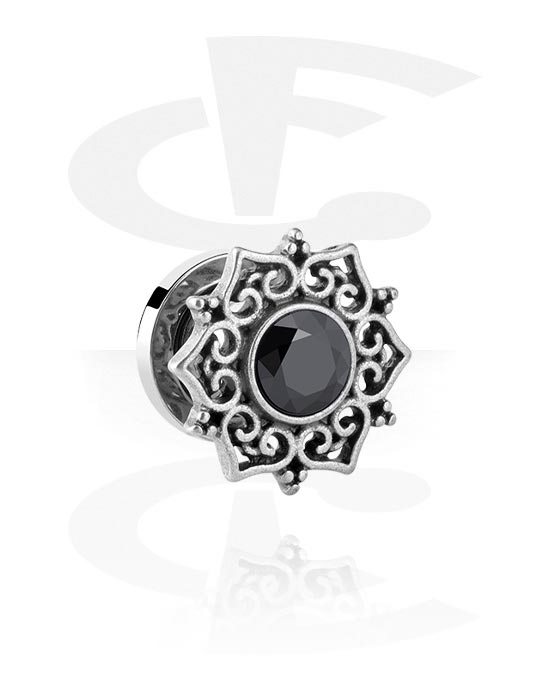 Tunneler & plugger, Screw-on tunnel (surgical steel, silver) med ornament og crystal stone, Surgical Steel 316L