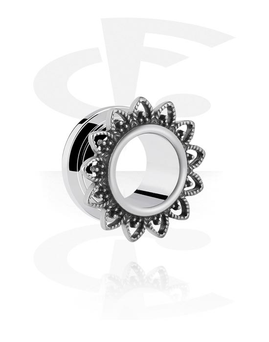 Tunele & plugi, Screw-on tunnel (surgical steel, silver) z flower design, Stal chirurgiczna 316L