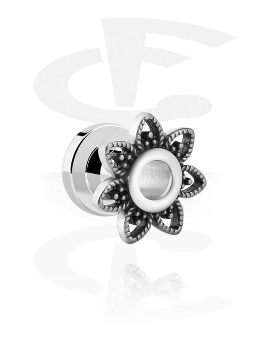 Tunneler & plugger, Screw-on tunnel (surgical steel, silver) med flower design, Surgical Steel 316L