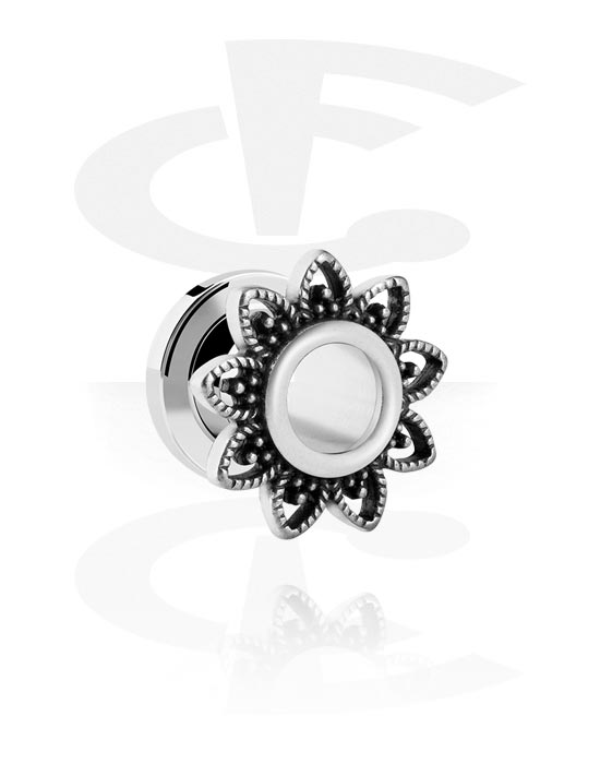 Tunele & plugi, Screw-on tunnel (surgical steel, silver) z flower design, Stal chirurgiczna 316L