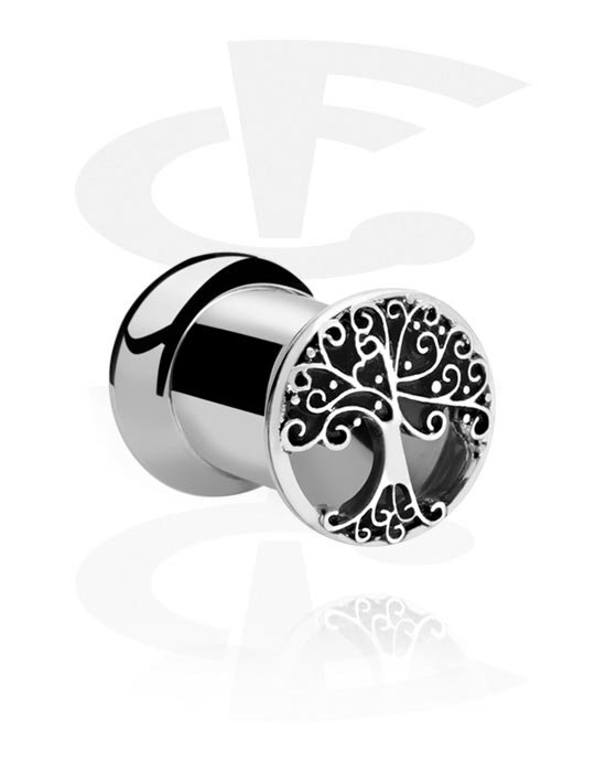 Tunele & plugi, Double flared tunnel (surgical steel, silver) z tree design, Stal chirurgiczna 316L