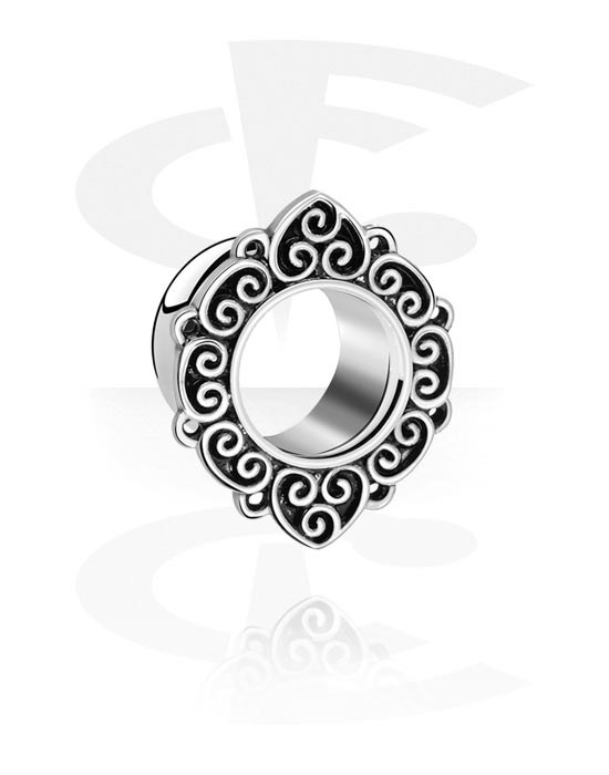 Tunnels & Plugs, Single flared tunnel (surgical steel, silver) avec ornament, Acier chirurgical 316L