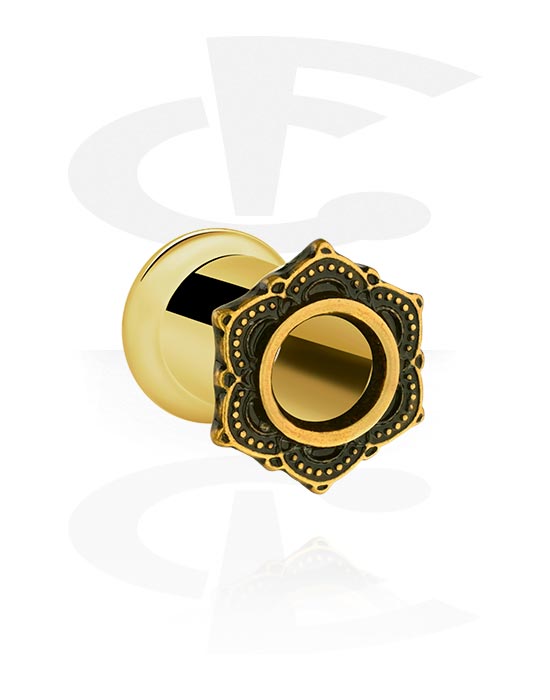 Tunnels & Plugs, Single flared tunnel (surgical steel, gold, shiny finish) with vintage flower design, Gold Plated Surgical Steel 316L, Gold Plated Brass