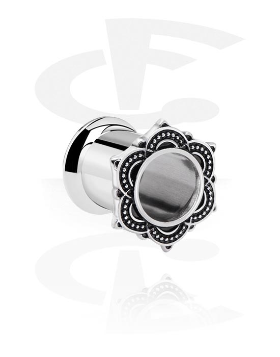Tunnels & Plugs, Single flared tunnel (surgical steel, silver, shiny finish) with vintage flower design, Surgical Steel 316L, Plated Brass