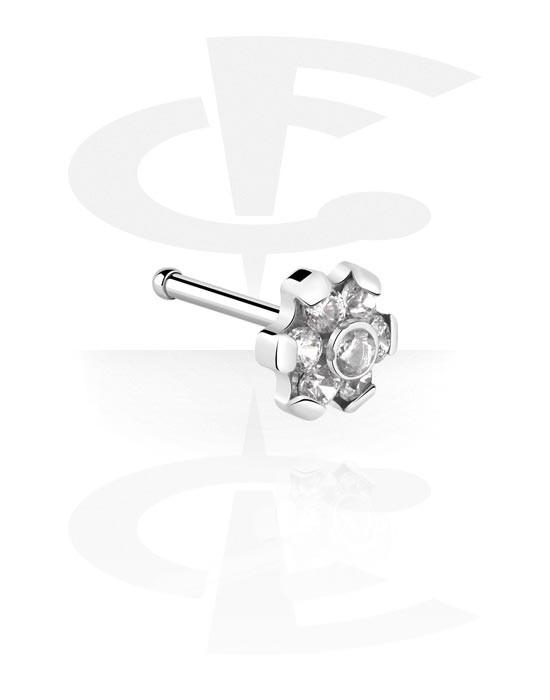 Nose Jewelry & Septums, Straight nose stud (surgical steel, silver, shiny finish) with flower attachment and crystal stones, Titanium