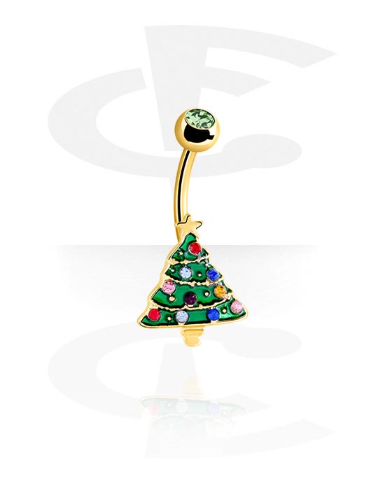 Bananer, Belly button ring (surgical steel, gold, shiny finish) med Christmas tree design och kristallsten, Förgyllt kirurgiskt stål 316L
